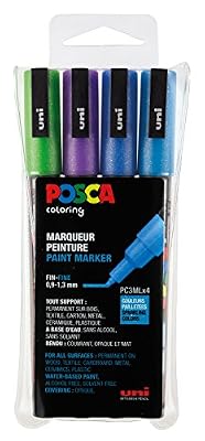 Uniball UNI-Ball 186512 - Marqueur Uni Posca avec Pointe Ronde, Lot de 4, Fine Glitter Couleurs Froides