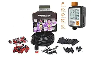 Pinolex Premium Drip Irrigation Gardeners Micro Drip Kit for Plants up to 20 Pots with Water Timer Electronic Digital Controller Fully Automatic Adapters Batteries Included Child Lock Feature