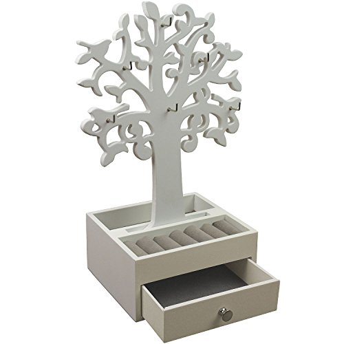 Schmuckbaum H30,5cm mit Schmuckkasten Ablagen + Schubfach Schmuckständer Schmuckhalter Kettenständer Weiß - 2