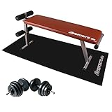 Technische Daten: Maße Bank aufgebaut 120 x 30 x 69 cm (LxBxH), zusammengeklappt 120 x 34 x 18 cm (LxBxH), Gewicht 10 kg / Maße Bodenschutzmatte: 150 x 65 x 0,4 cm (LxBxH), Material NBR (Kautschuk), schwarz