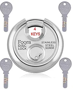 Foora Disc 90 mm Door Shutter Lock with 4 Hi-Tech Brass Separate Keys, Stainless Steel, Hardened Shackle, Rust Resistance , Silver , Export in U.S.A, Canada, Mexico