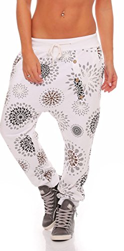 Malito Pantalón Boyfriend con Flores Print Baggy Aladin Bombacho Sudadera 3381 Mujer Talla Única (Blanco)