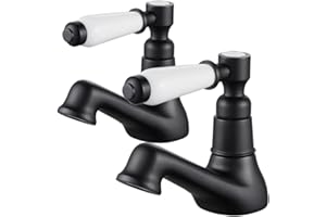 Luckyhome Traditional Basin Tap Pair,Twin 1/2" Hot and Cold Bathroom Pillar Tap with 2 Ceramic Handles,Black