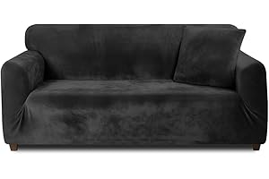 Teynewer Thick Velvet Sofa Covers 1 2 3 4 Seater High Stretch Non-Slip Couch Cover Elastic Furniture Protector Plush Sofa Slipcovers with 1 pillowcase for Living Room Dogs Cat Pet (3 Seater, Black)