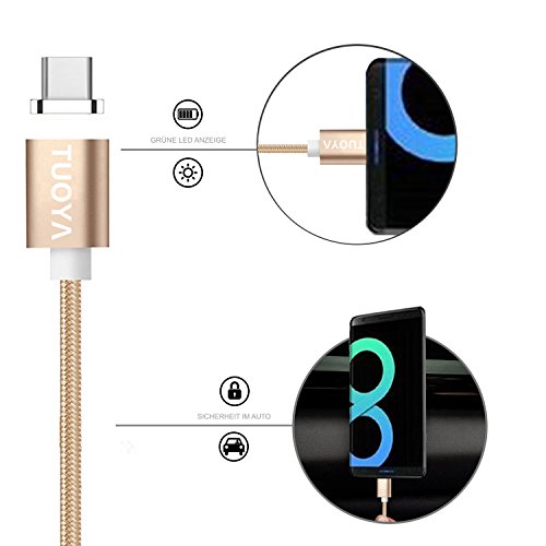 [Die neue Version]Magnet USB C Kabel auf USB 3.0 A- Lebenslange Garantieserie -TUOYA Magnetisches USB-C Ladekabel- Fast Charging-Magnetisches Type C Ladekabel Kabel – Type C Datenkabel Hochwertig mit LED Statusanzeige für Android Smartphones OnePlus 3 Huawai Mate Honor Google Pixel Nexus HTC Xperia Samsung Galaxy Type-C-Geräten (2*Pack Gold) - 3