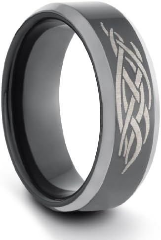 8MM Tungsten Carbide Mens/Ladies/Unisex Black Polished Comfort Fit Wedding Band Ring w/ Laser Engraved Tribal Design (Available Sizes N - Z+2)