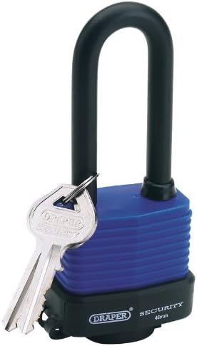 DRAPER 45MM WEATHERPROOF LAMINATED STEEL PADLOCK WITH EXTRA LONG SHACKLE - Laminated steel body with hardened, plated coating steel shackle, 67mm long. Precision pin tumbler and brass cylinder. Special bumper to prevent damage to locked item. Incorporates weatherproof lock cover. Inside shackle size 18 x 59mm. Supplied with two keys. A key blank is available. Display packed.