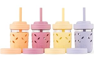 Elk and Friends Kids & Toddler Cups | The Original Glass Mason Jars 8 oz with Silicone Sleeves & Silicone Straws with Stoppers | Smoothie Cups | Spill Proof Sippy Cups for Toddlers | 4 Pack