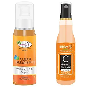 Sibley Beauty Papaya Anti Blemish Pigmentation Face Wash (1 x 100 ml) + Vitamin C Face Spray Mist Toner (1 x 200 ml) - Pack of 2 - oily dry normal combination skin, men women girls boys.