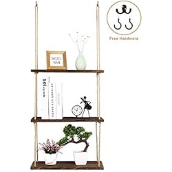 SOLEDI Étagère Murale Tablette Rustique Faite de Corde et de Bois, décoration et Rangement 2 en 1, étagère Murale pour Salle de Bain Nautique, étagère de Ferme à 3 Crochets (3 étages)