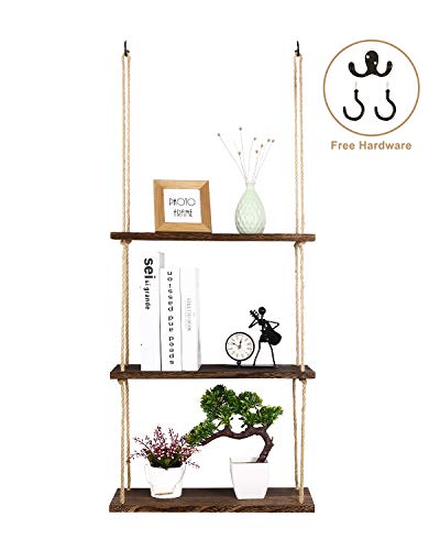 SOLEDI Étagère Murale Tablette Rustique Faite de Corde et de Bois, décoration et Rangement 2 en 1, étagère Murale pour Salle de Bain Nautique, étagère de Ferme à 3 Crochets (3 étages)