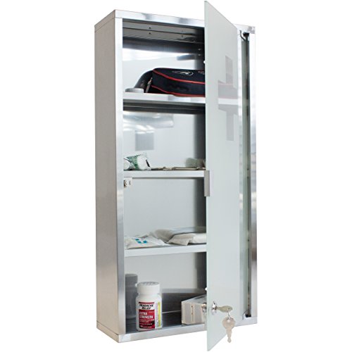 Oxid7® Medizinschrank Arzneischrank Erste Hilfe Schrank 30 x 13 x 60 cm – mit 4 Fächern und Glas-Tür zum Abschließen mit 2 Schlüsseln für kindersichere Medikamenten Lagerung - 4