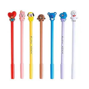 Blue Aura (Random Black Or Blue Ink) BT21 BTS Kpop Pen with Pen Topper Set of 7 Multi color (BT21 Set of 7 Pen)