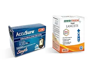 AccuSure Simple 50 Test Strips with Ambi Tech 50 Round Lancets (No Glucometer)