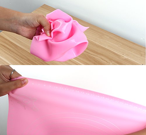 ilauke DIY Silikonpad Teigmatte 50*40cm mit Größe Zeichnen und Teigroller Rolling Pin 33cm Ausrollstab Silikon-Arbeitsmatte Fondant ausrollen Tortendeko Ausstecher Ausstechform Modellierwerkzeug (set rosa) - 3