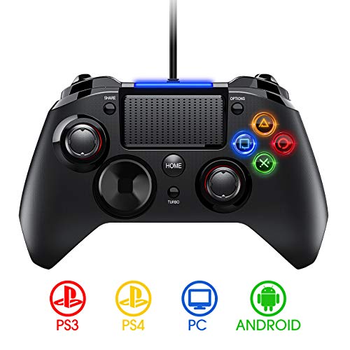 ?Versión Nueva?PICTEK Mando PS4 con Cable, Diseño Asimétrico para Manos Grandes, Joysticks con Doble Vibracion Turbo para PS4 / PS3 / PC (Windows XP/7/8/8.1/10) /Android/Steam, Negro