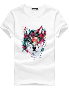 Amlaiworld Herren T-Shirt Kurzarm Bunte Wolf Print T-Shirt Weiß