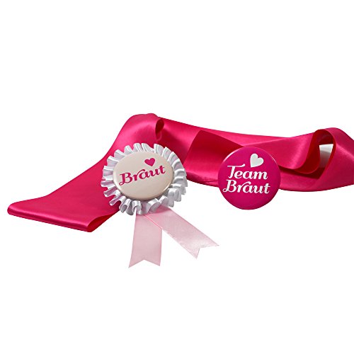 JGA Gruppenset Button pink Frau Wundervoll - Team Braut -Inhalt für 1 Braut und 6 Freundinnen- Junggesellinnenabschied / Hen Party / Anstecker / Brautschärpe