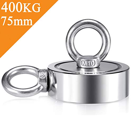 Uolor Double Faces Aimant Néodyme, Combiné 400KG Extrêmement Traction Puissant Rond Pêche Aimants Idéale pour Pêche À L'aimant et Chasse Au Trésor, Diamètre 75mm