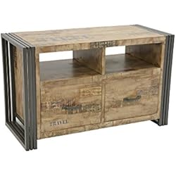 Nomadde Industriel - Meuble TV 2 tiroirs Wolof 90cm Finition vieillie colorée et blanchie - Finition : Recyclé coloré Blanchi Bois Massif d'Hévéa & Fer