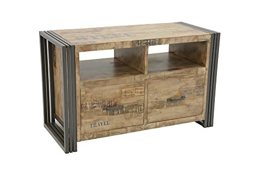 Nomadde Industriel - Meuble TV 2 tiroirs Wolof 90cm Finition vieillie colorée et blanchie - Finition : Recyclé coloré Blanchi Bois Massif d'Hévéa & Fer