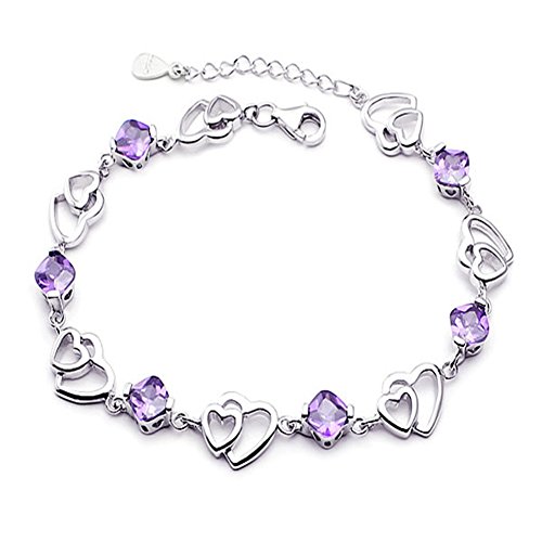 Mustbe Pulsera plata de ley 925 con doble corazón de cristal, color morado