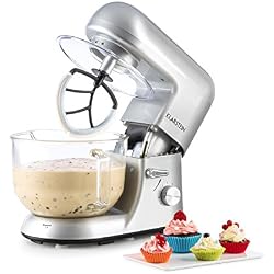 Klarstein Bella Argentea 2G - robot de cuisine, mélangeur, pétrin, 1200 W, 5,2 l, 6 vitesses, pétrin à planétaire, bol en verre, fixation rapide, fouets moulés, fouets à neige, argent