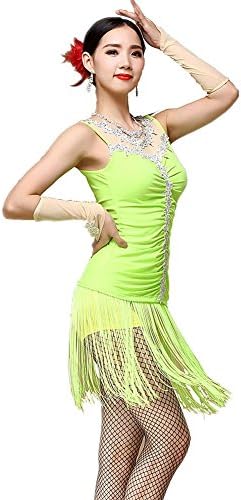 Byjia Modern Women Professional Performance Latin Dance outfit Strap Tassel Diamond Handmade costume Sequins Embroidery Dress clothes , green , m