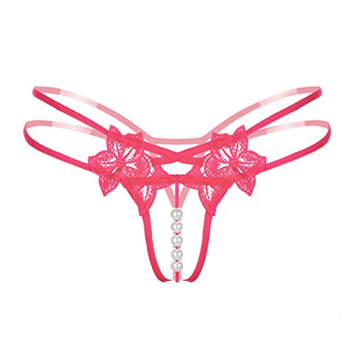 Snknh Thongs,knickers,Sexy embroidered young women lingerie sexy thong pearl panties massage climax female T pants, rose red