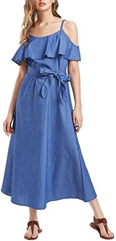 GRACE KALIN Elegant Women's Casual off-shoulder Straps Denim Cloth bowknot Waist Long Dress (X-Large)