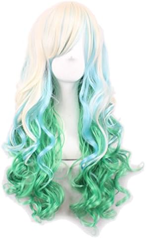 Rise World Wig Women's Two Tone Gradient Blonde Green Long Curly Wigs Cosplay Full Hair Wig