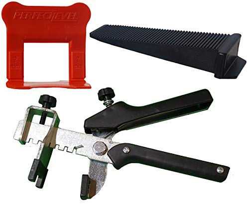 Kit nivellement carrelage 2mm 1000 clips (bases) + 250 coins (cales) + 1 pince métallique PL Perfect Level Pro, croisillon autonivelant professionnel