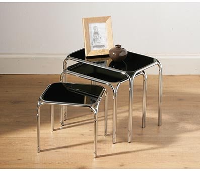 supersalestore Nest 3 Black Glass Tables Set Chrome Frame