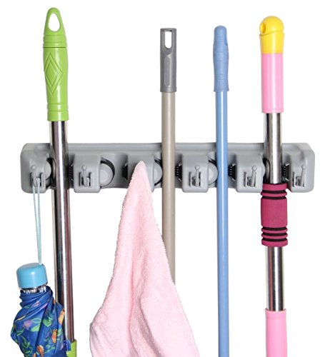 Newdora Besen Mop Halter, Gerätehalter Wandhalterung, Ordnungsleiste Wandhalter mit 5 Haken und 6 Schnellspannern für Mopp ,Besen und Gartenwerkzeug usw - 7