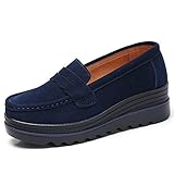 HKR Damen Loafers Slip On Mokassins Plateau Wildleder Schlupf Halbschuhe Sneaker mit Keilabsatz Blau(8775lan37)