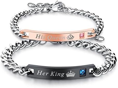 Mintik Jewellery Men Women Her King His Queen Bracelet Stainless Steel Couples Crown CZ Curb Link Adjustable Wristband Bracelet