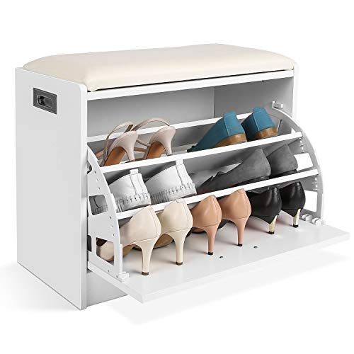 détail HOMFA Étagère à Chaussures 3 Niveaux, Meuble Banc de Rangement Chaussure et Salle de Bain, Siège Tabouret pour Chausser, Banquette (Blanc)