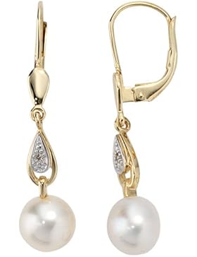 JOBO Boutons 585 Gelbgold 2 Diamant-Brillanten 2 Süßwasser-Perlen Gold-Ohrringe