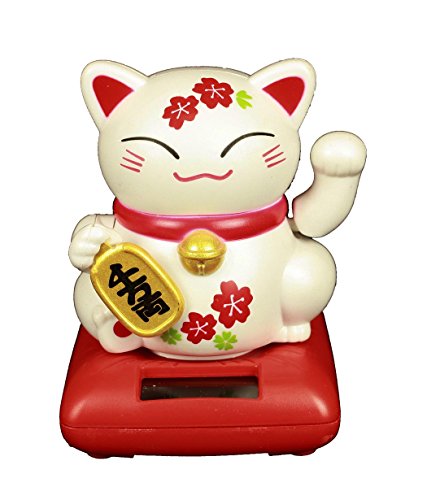 HAAC Solar Winkekatze Katze GLÜCKSKATZE Glücksbringer mit Kirschblüte 10 cm Farbe weiss
