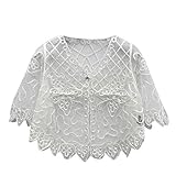 UJUNAOR Damen Strickjacke mit Rundhalsausschnitt und Spitzenärmeln Fünf-Punkt-Ärmel(Weiß,One size)