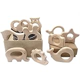 Coskiss 11pcs Organischer Baby-Zettel-hölzerner Teether Natürliches Zahnen-Greifen-Spielzeug-Baby-Dusche-Geschenk-Kleinkind-Zettel Neugeborenes Baby-Geschenk (Holzfarbe-11PCS)