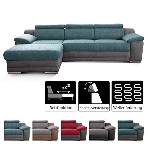 Cavadore Ecksofa Xenit mit Longchair links, L-Form Couch mit Kopfteilverstellung und Bettfunktion, 271 x 81-94 x 168, Materialmix blau - grau