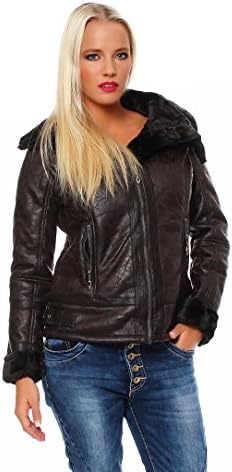 LINED IMITATION LEATHER JACKET FOR WOMEN WITH ART FUR COLLAR WINTER JACKET FAUX LEATHER PILOT JACKET SUEDE-LOOK - Brown, Manufacturer Size S = UK 6