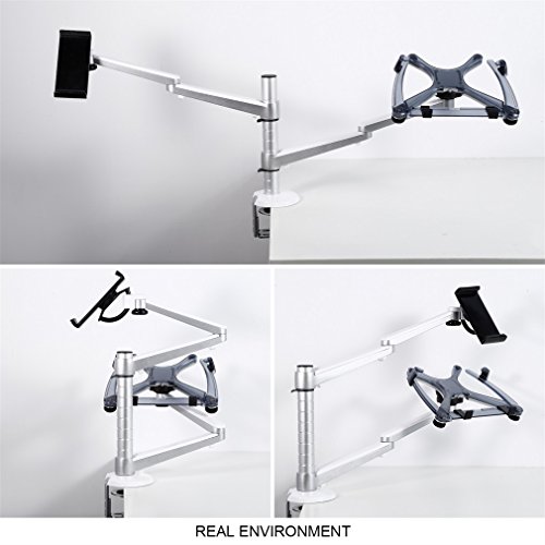 YKS Notebook Tablet montieren 2 IN 1 Silber Aluminiumlegierung einstellbare Kombination Schreibtisch Halter Halterung stehen Mount Dual Arm OA-9 X für Office Notebook Tablet Monitore - 4