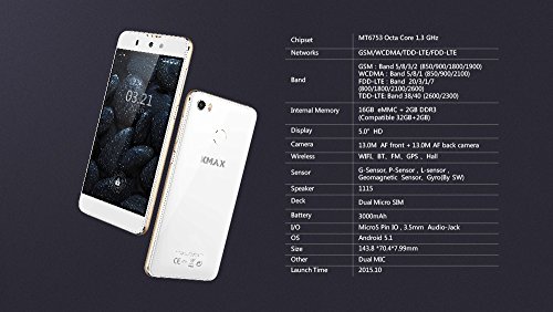 ECVILLA KMAX one 4G Android Smartphone 5 pollici ( MTK6753M Octa-Core 1.3GHz, 2 GB di RAM 16 GB ROM, Dual Camara 13MP, Dual SIM,GPS, Fingerprint ID)