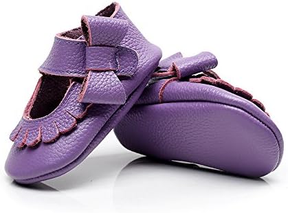 R&amp;V 0-24M Baby Moccasins 100% Real Leather Soft Sole Bowknot Baby Girl Shoes Firstwalkers (Inner Length: 11cm(3-6M), Purple)