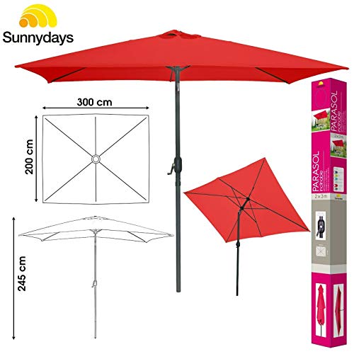 LIFEDECO Grand Parasol RECTANGULAIRE Design ALU 3X2M INCLINABLE Couleur ROOUGE Groseille MANIVELLE
