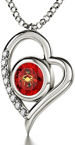 925 Sterling Silver Zodiac Heart Pendant Cancer Necklace 24ct Gold inscribed on Red Crystal, 18"