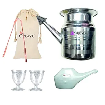 OREAYU  Yoga and Ayurveda Steel Jala Neti Pot for Sinus, Nose Irrigation and Cleaning (600 ml) Steel Neti, Eye Wash Cup, Copper Tongue Cleaner and Plastic Neti Pot (4 Combo)