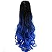 22" Claw on Ombre Two Tone Synthetic Curly Wavy Ponytail Hair Extensions Natural Black to Blue